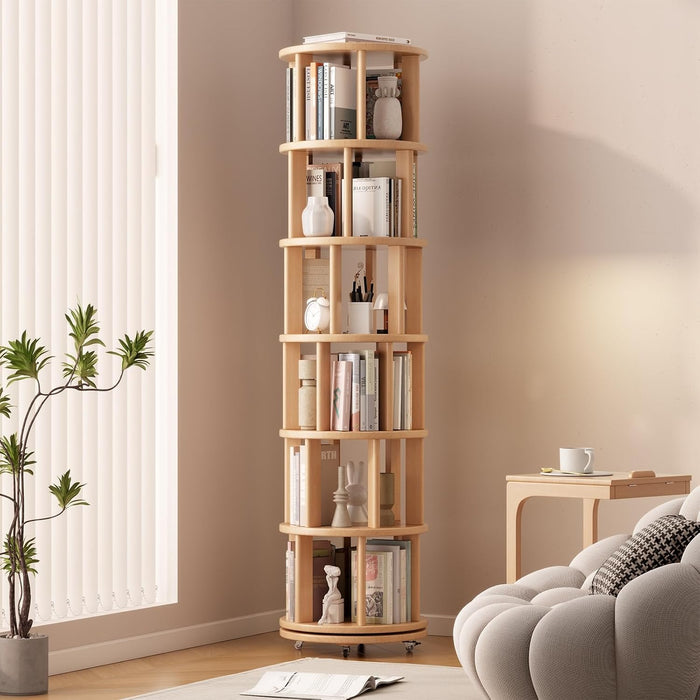 6 Tier Solid Wood Rotating Bookshelf Tower on Wheels, Natural