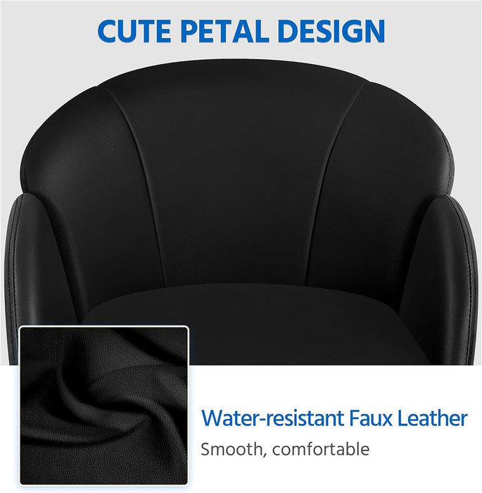 Cute Petal Desk Chair Home Office Swivel Upholstered Leather Makeup Vanity Desk Chair with Armrests for Bedroom Modern Computer Rolling Chair for Women Black