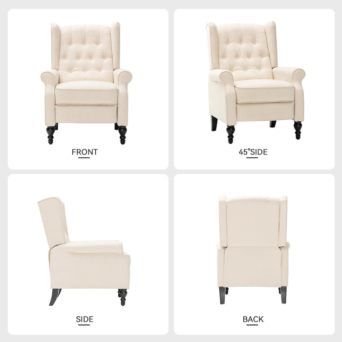 Mid Century Wingback Recliner Chair for Adults, Modern Linen Fabric Push Back Recliner Chairs with Button Tufted Upholstered Back & Footrest, Manual Recliner Chais for Living Room, Nursery, Beige