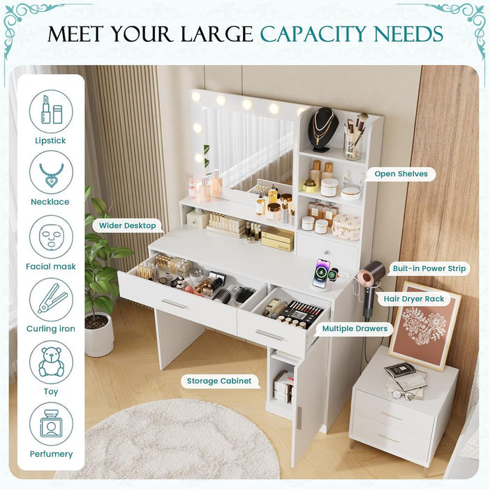 3 Lighting Modes Adjustable Brightness, with LED Lights and Mirror, with Power Outlets and 2 Drawers, 4 Storage Shelves Cabinet, White Makeup Table, Vanity Desk, Dressing Table for Bedroom