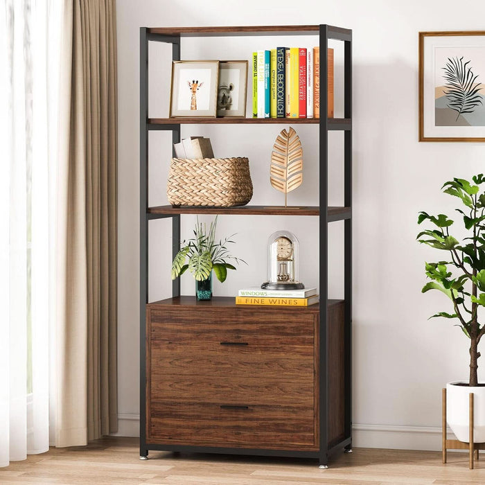 Bookcase, 4-Tier Rustic Bookshelf with 2 Drawers, Etagere Standard Book Shelves Display Shelf for Home Office