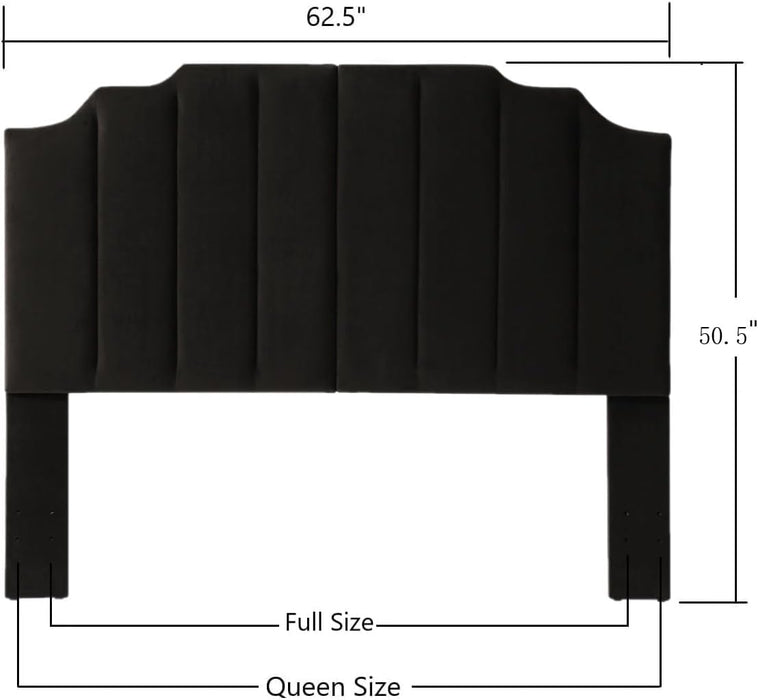 Black Velvet Tufted Queen Upholstered Headboard, Modern Vertical Channel Design California Queen/Full Headboard with Stepped Silhouette Top Edge,Black