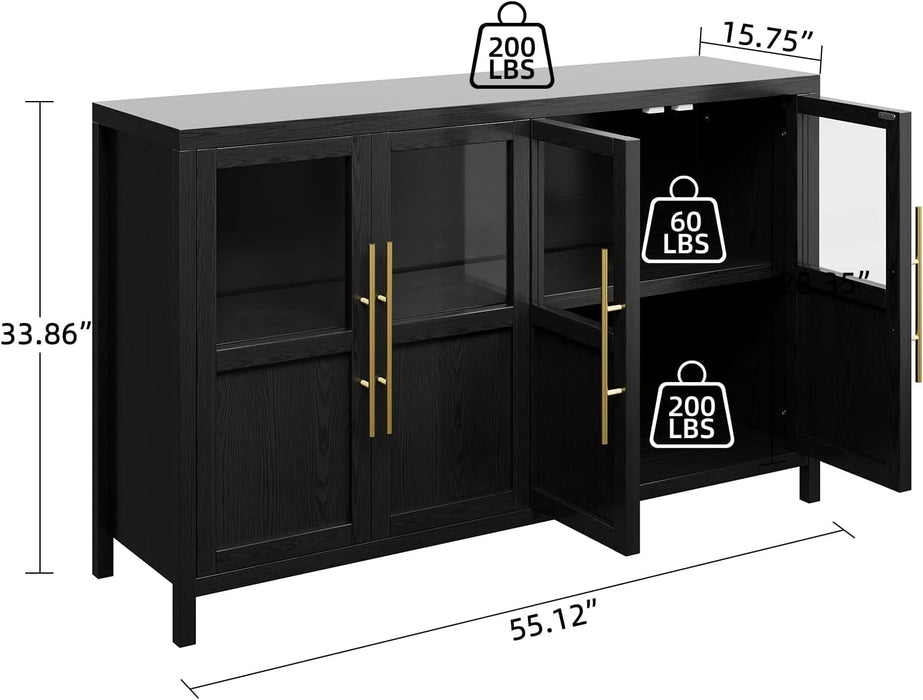 Sideboard Buffet Cabinet with 4 Glass Doors, 55 in Buffet Table Coffee Bar Wine Bar Display Cabinet for Kitchen Dining Room, Living Room (Glass with 4 Doors, Dark)