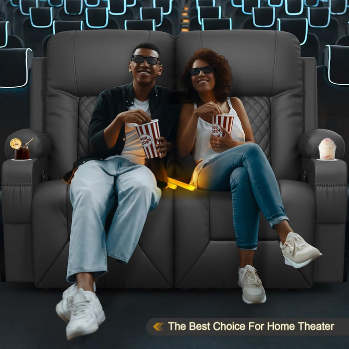 Loveseat Recliner Sofa, 2 Seater Reclining Loveseat Sofa, PU Leather RV Loveseat Couch, Modern Recliner Chair for Living Room, with Cup Holder and 2 Cell Phone Holder, USB Ports, Gray