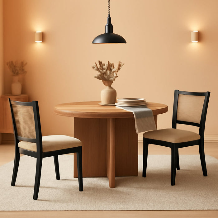 Farmhouse Rattan Dining Chairs Set of 2, Mid Century Modern Kitchen & Dining Room Chairs, Cane Upholstered Kitchen Side Chair with Black Hardwood Frame, Beige