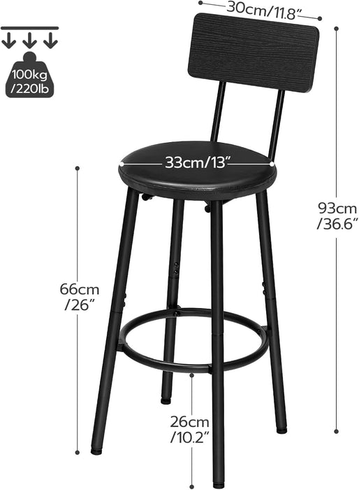 Bar Stools, Set of 2 Bar Stools with PU Upholstered, Bar Chairs with Footrest and Back, 26" Bar Stools for Kitchen Island, Dining Room, Easy to Assemble, Black BK31BY01G1