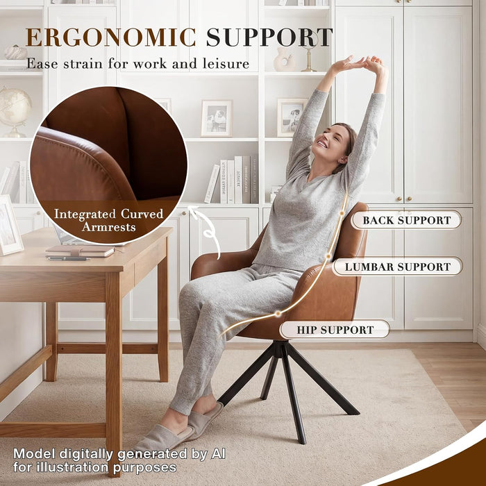 Comfy Leather Desk Chair Modern Computer Task Chair No Wheels Swivel Accent Chair with Mid Back Arm Chair for Living Room/Bedroom/Home Office, PU Brown