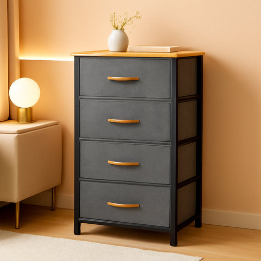 4 Drawers Dresser, Small Dresser for Bedroom, Fabric Storage Tower, Chest of Drawers, Organizer Unit for Closets, Living Room, Sturdy Steel Frame, Wooden Top, Easy Pull Handle