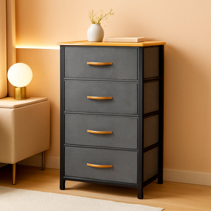 4 Drawers Dresser, Small Dresser for Bedroom, Fabric Storage Tower, Chest of Drawers, Organizer Unit for Closets, Living Room, Sturdy Steel Frame, Wooden Top, Easy Pull Handle