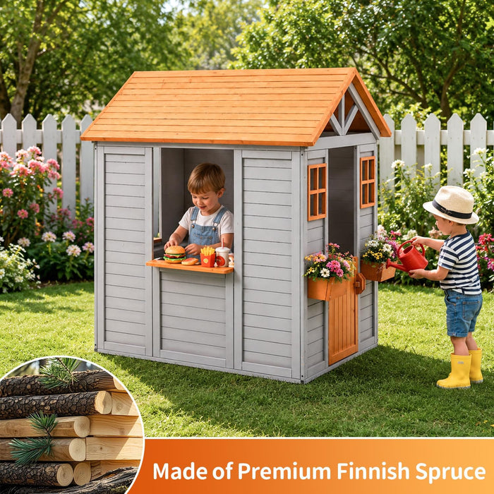 Wooden Kids Playhouse With Brown Weatherproof Kitchen