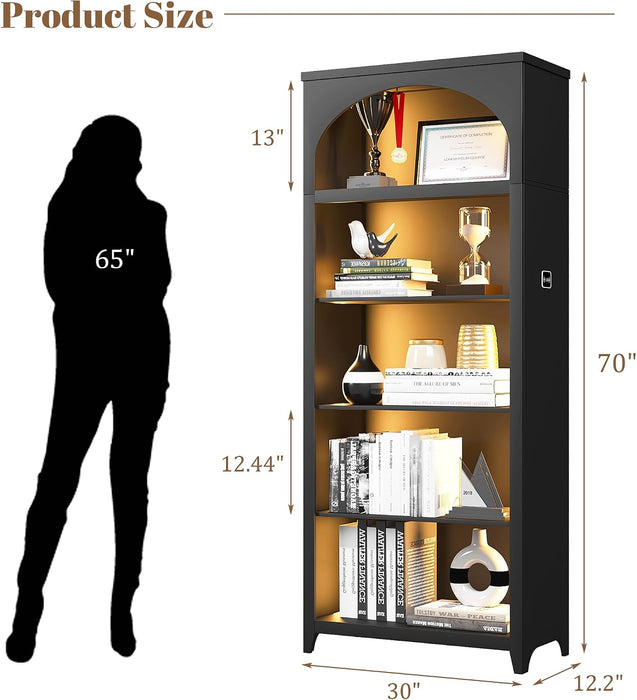 70" Arched Bookshelf with LED Lights, 5-Tier Storage for Displaying