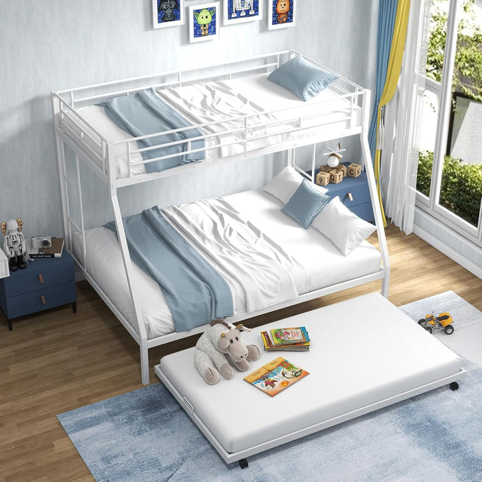 Twin over Full Bunk Bed with Trundle, Heavy-Duty Metal Bunk Bed Frame with Guardrail & 2 Ladders, Space-Saving Bunk Bed for Kids/Teens/Adults, No Box Spring Needed