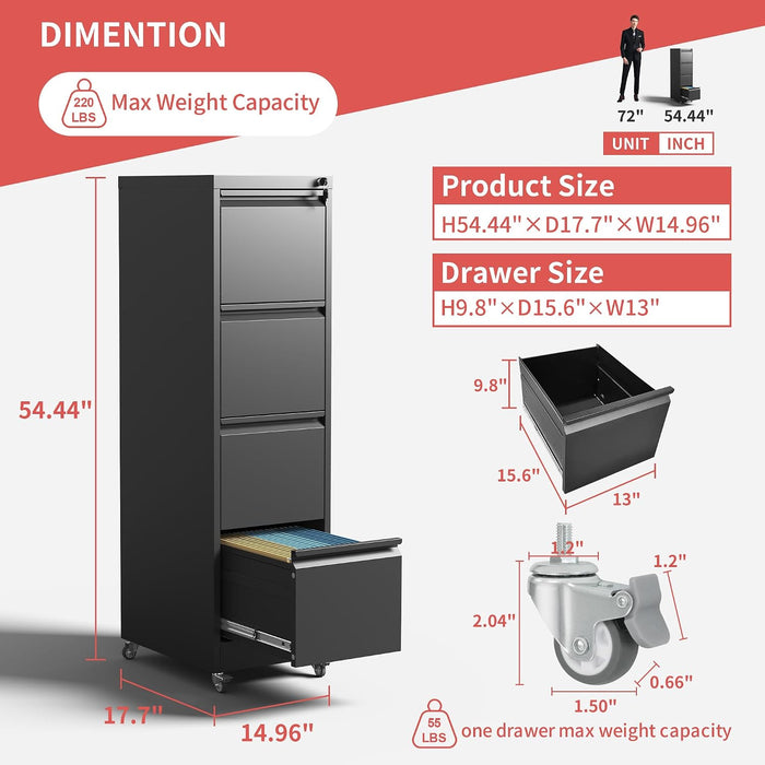 4 Drawer Mobile File Cabinet with Lock,Black Metal Filing Cabinets