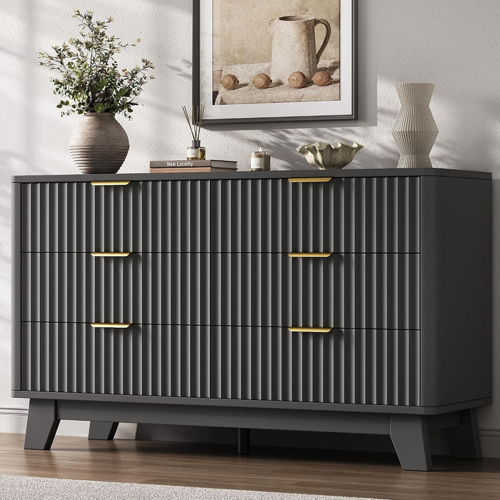 Fluted 6 Drawer Dresser for Bedroom, Modern Chest of Drawers with Metal Handle, Wooden TV Stand with Curved Profile Design, Closet Clothes Storage Organizer for Living Room/Hallway (Black)