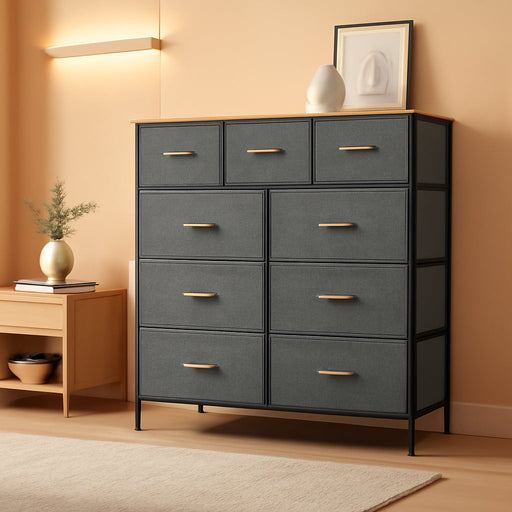 Dresser for Bedroom with 9 Drawers, Fabric Storage Dresser, Closet Dresser & Chest of Drawers for Living Room, Closets - Sturdy Steel Frame, Wooden Top & Easy Pull Fabric Bins(Dark Grey)