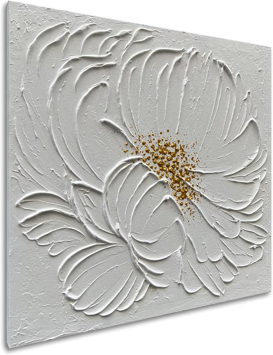 Art 24X24 Inches Hand-Painted White Textured Flower Oil Painting. Modern Abstract Art. Suitable for Decoration on Walls of Living Room, Bedroom or Office