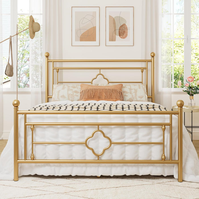 Queen Size Metal Platform Bed Frame, Victorian Headboard, Gold