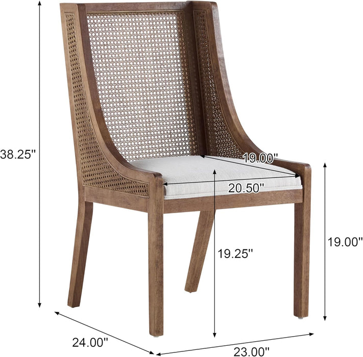 Yone Dining Chairs Set of 2, Modern Dining Chair with Fabric Upholstery, Rubberwood Frame Kitchen Chairs with Cane Webbing, Extra Seat for Dining Room, Beige + Brown