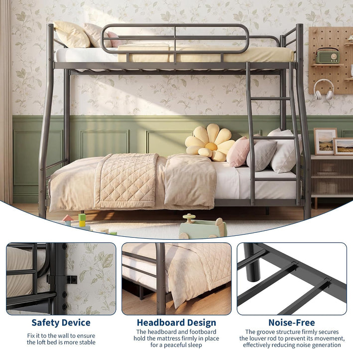 Twin over Full Bunk Bed Frame, Heavy Duty Metal Bunk Beds for Kids/Teens/Adults, 450 Lbs Upper & 500 Lbs Lower Capacity, Slot-Type Assembly, Reversible Ladder, 11.7" Safety Guardrails，Black