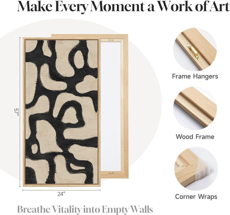 Framed Neutral Horizontal Abstract Wall Art for Living Room, Extra Large Black and Beige Modern Painting Print, Mid Century Canvas Artwork for Dining Room Bedroom Hallway Office Walls Decor, 30X60 Inch