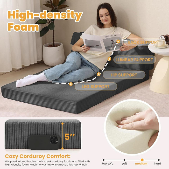Full Size Transformable MemoryFoam Sofa Bed GreyCorduroy
