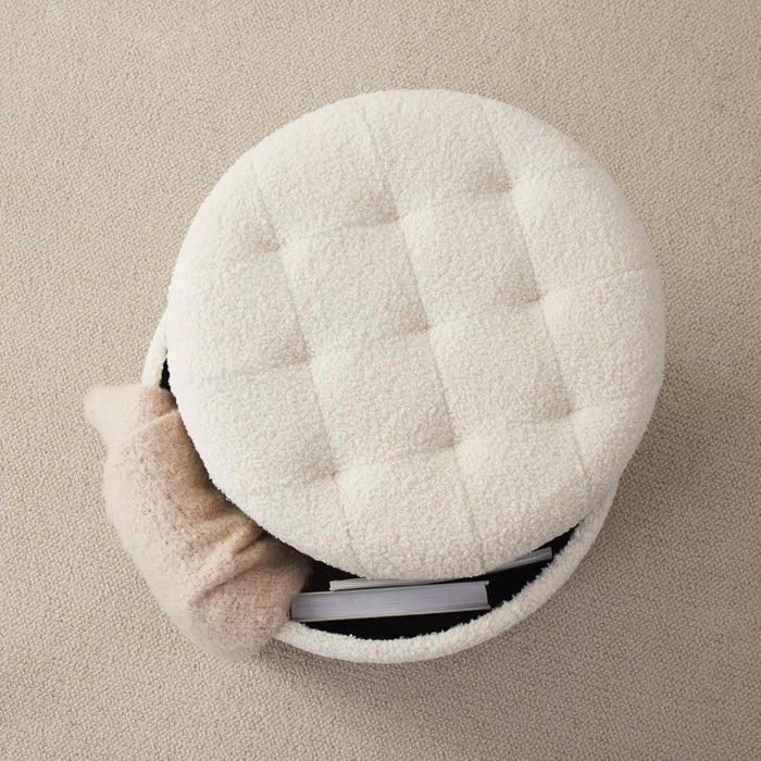 Decor round Ottoman with Storage, round Vanity Chair Stool Ottoman Pouf with Storage for Living Room and Bedroom, Boucle White