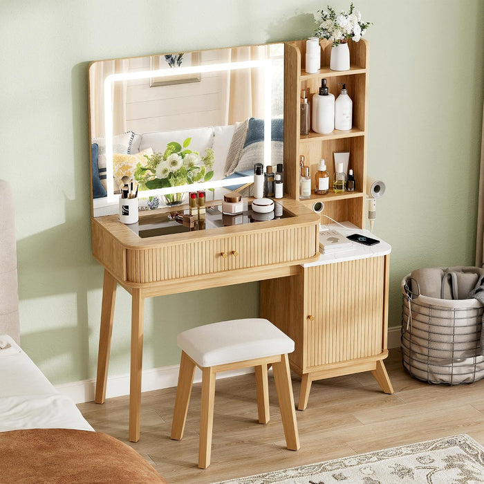 Fluted Makeup Vanity Desk with Large Lighted Mirror, Glass Top Vanity Table with 2 Drawers & Sliding Cabinet, Dressing Table with Stool and Charging Station for Bedroom, Natural Oak