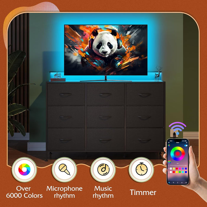 Dresser TV Stand for 55 Inch, Led Dresser for Bedroom, Black Dressers for Bedroom with LED Lights and Charging Station, Chest of Drawers, 9 Fabric Dresser Drawers, Wood Top, Living Room, Closet