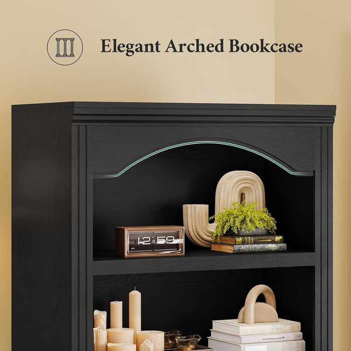 80.9 in Tall Arched Bookcase, Vintage 6-Tier Black Bookshelf with Classic Roman Column Design & Open Shelves for Living Room, Kitchen, Black