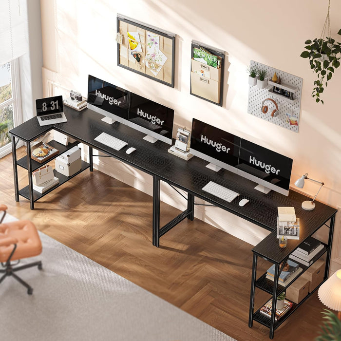 L Shaped Desk, 55 Inches Computer Desk with Reversible Storage Shelves, for Gaming Corner Home Office Writing Study, Metal Frame, Black