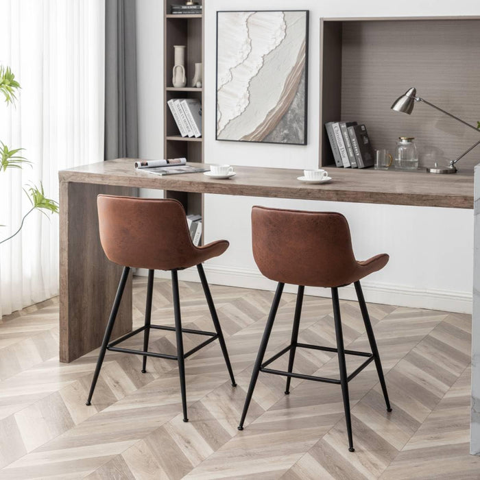 Brown Bar Stools Set of 2, 24 Inch Barstools Fabric Upholstery | Counter Height Bar Stool 24-Inch Seat Height, Thick Cushion, Black Metal Legs, Mid-Century Industrial Look for Kitchen Island