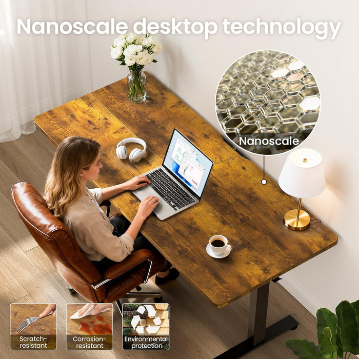 55 Inch, Height Adjustable Sit Stand Up, Wood Desktop, Work Home Office Computer PC Table, Tall Standup Workstation, Gaming Writing Study Bedroom Rising Desks, Brown