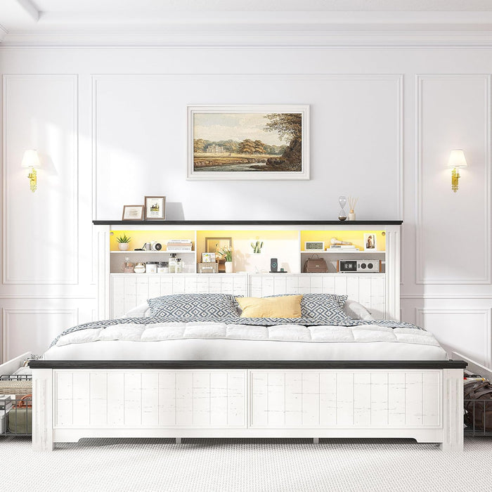 King Size Bed Frame and Headboard & Storage, 4 Drawers and LED Built in Charging Station King Bed Frame with Storage Farmhouse,No Noise,No Box Spring Needed,White
