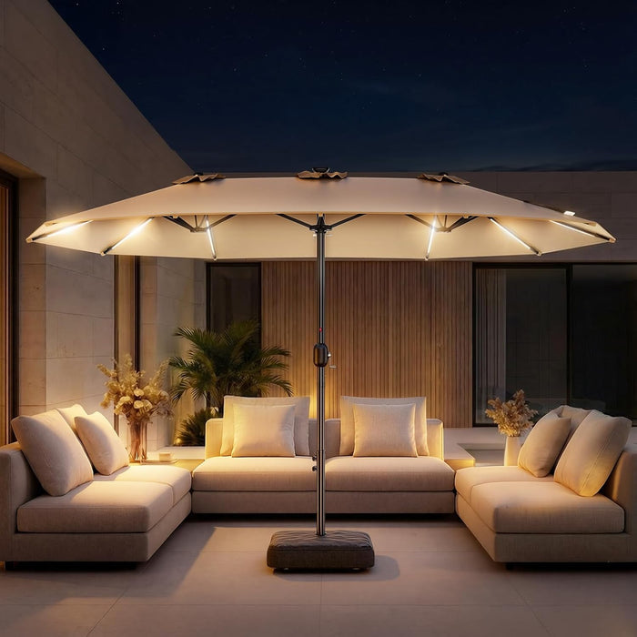 15FT Double Sided Patio Umbrella with 12 Solar LED Light Bars & Base Included, Extra Large Rectangle Outdoor Market Umbrella for 8-12 People Dining Table, Pool, Deck, Backyard (Beige)