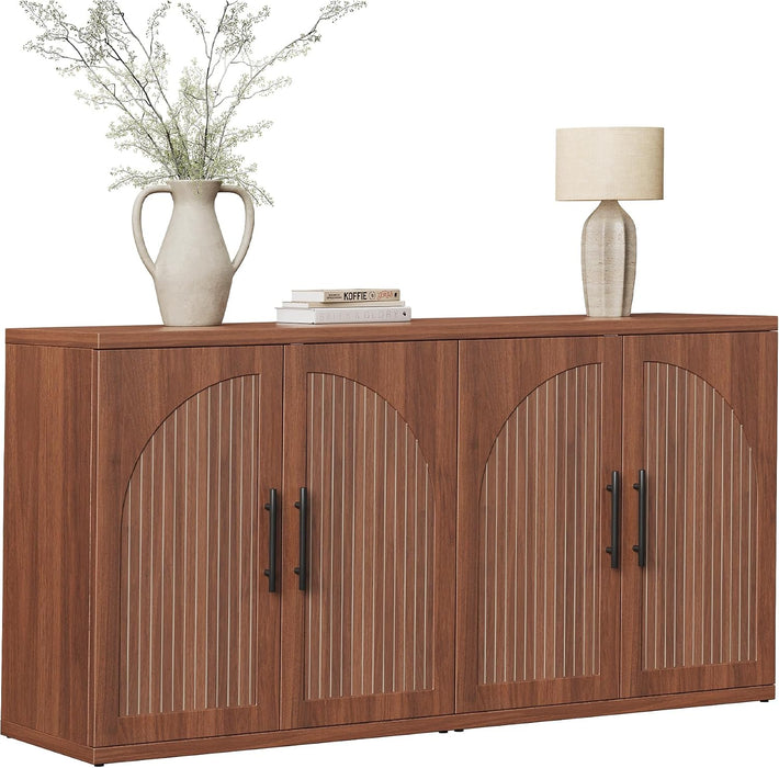 63" Fluted Buffet Cabinet with Storage, Mid-Century Symmetrical Arched Sideboard Credenza with Adjustable Shelf, Large Wood Console Table for Dining Room, Kitchen, Living Room (Warm Walnut)
