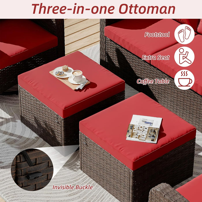 6 Piece Patio Conversation Sets with Sofa Couch, Rattan Wicker Swivel Chairs with 2 Ottoman, Coffee Table & Cushions, Outdoor Furniture Sets for Garden, Poolside, Backyard (Wine Red)