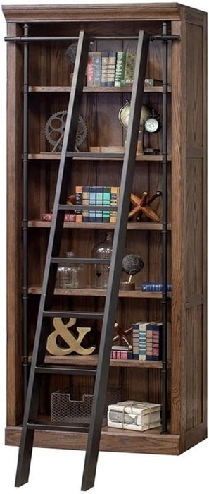 Avondale 120" W Contemporary Wood Bookcase Wall with Ladder Storage Organizer Display, 5 Adjustable Shelves, Ringed Steel Frame, Fully Assembled, in Brown Finish