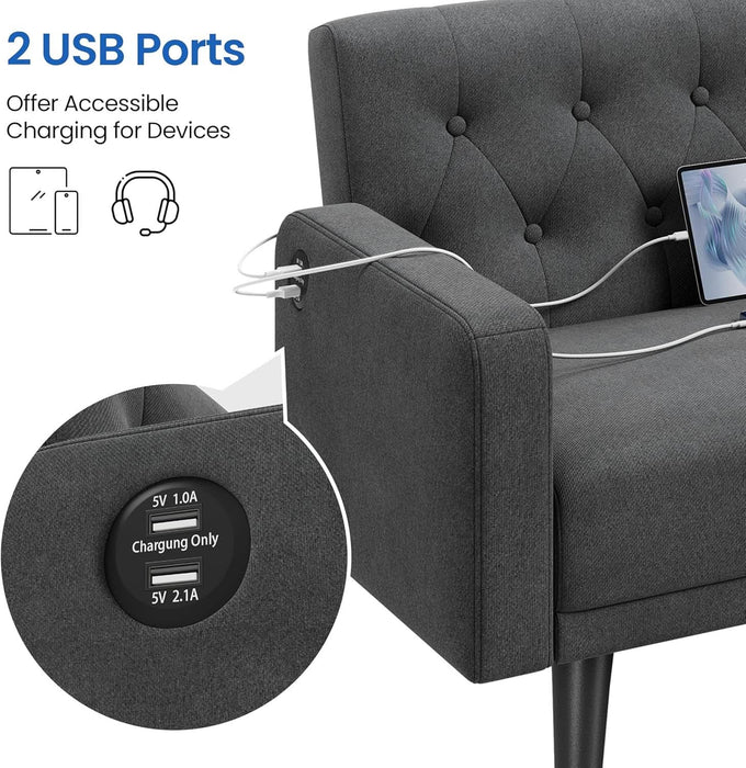 63" Convertible Couch Small Futon Sofa Bed with 2 USB Ports, Reclining Backrest & Removable Armrests, Mid Century Modern Loveseat for Living Room, Apartment, Office, Dark Gray