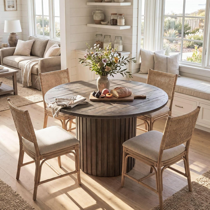 Reclaimed round Pedestal Dining Table, 47" Rustic Wood Kitchen Table for 4-6 People, Farmhouse Circle Dining Table with Fluted Base for Kitchen Dining Room Restaurant, Deep Brown