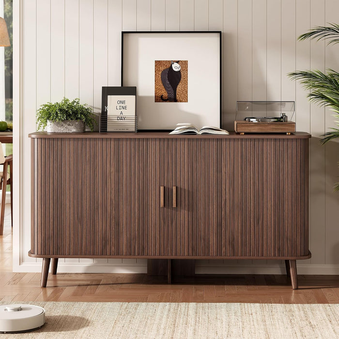 55" Fluted Sideboard Buffet Cabinet with Sliding Door, Mid-Century Modern Wood Sideboard, Adjustable Shelf, Coffee Bar Cabinet with Storage for Kitchen, Walnut