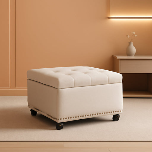 30" Large Square Ottoman Coffee Table with Storage, Oversized Tufted Upholstered Ottomans Bench with Solid Wood Legs for Living Room, Dorm, Linen Foot Stool for Couch Sofa Toy Box, Beige