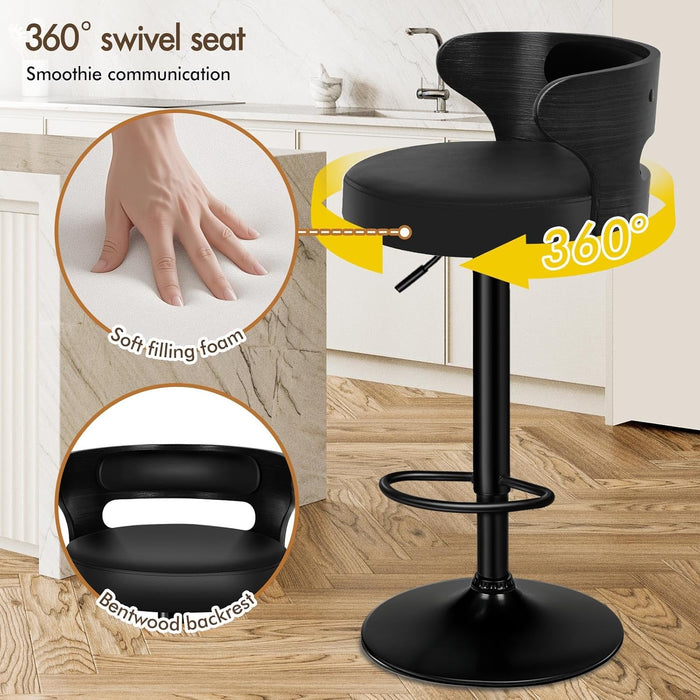 Bar Stools Set of 2, Adjustable Swivel Bar Chairs with Faux Leather Upholstery, Counter Height and Wooden Backrest for Kitchen Islands, Black