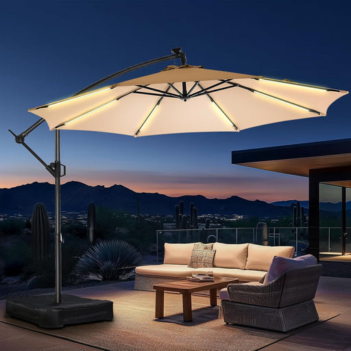 10 Ft Offset Patio Umbrella with Solar Lights, LED Lighted Umbrella Outdoor Patio with Base Included, Heavy Duty Hanging Cantilever Umbrellas for Pool Deck with UV Protection&Easy Tilt, Beige