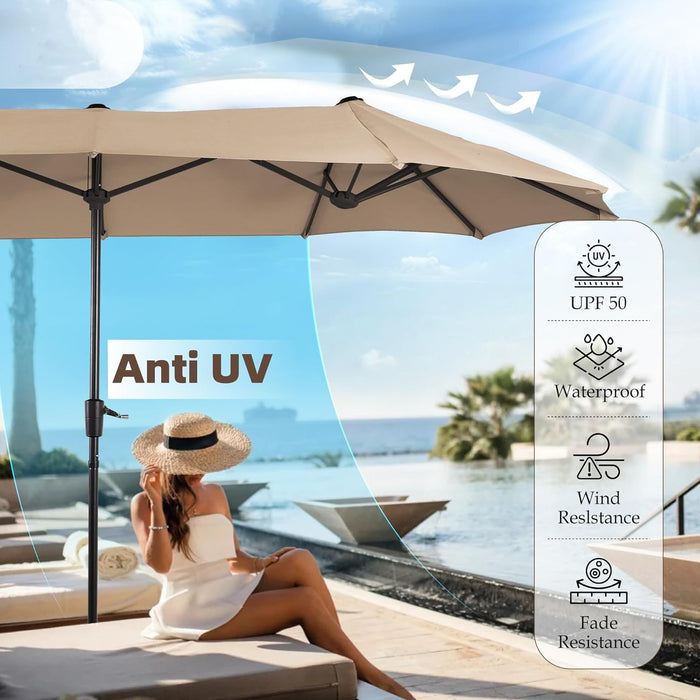 13 Ft Outdoor Patio Umbrella, Large Rectangular Double Sided Market Table Twin Umbrellas with Crank Handle for Deck Pool(Beige)
