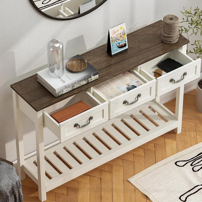 47" Farmhouse Console Table with 3 Drawers, Rustic Entryway Table, Narrow Long Sofa Table for Living Room, Hallway, behind Couch, Soft White and Brown