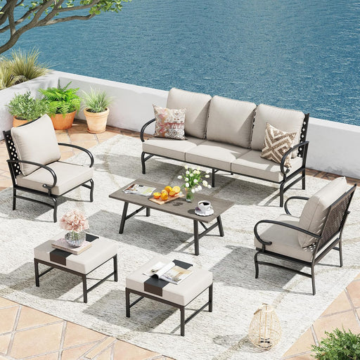 6 Pieces Outdoor Furniture Set, Cushioned Patio Conversation Set with 47" Coffee Table, Spacious 3-Seat Sofa, 2 Patio Sofa Chairs and 2 Cushioned Ottomans, Beige