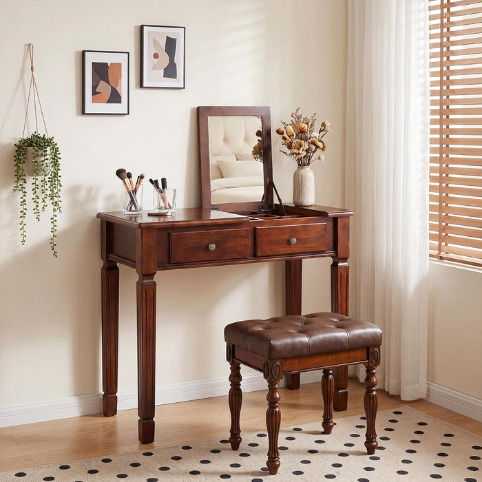 DarkCherryVanity SolidWood DeskWithFlipTop MirrorStorage