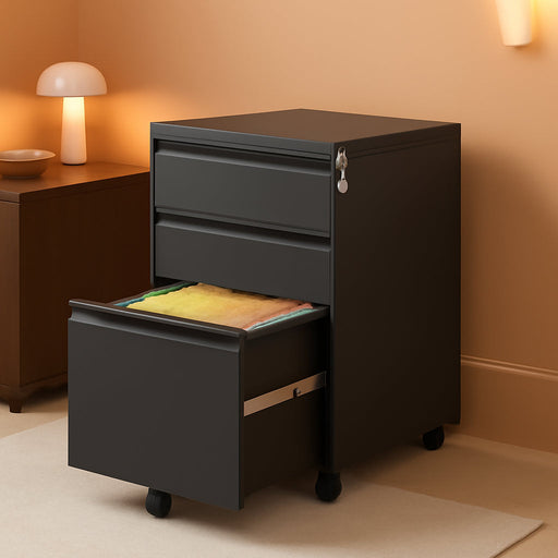 3 Drawer Metal File Cabinet with Lock & Rolling Casters