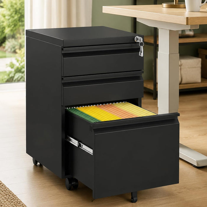 3 Drawer Metal File Cabinet with Lock & Rolling Casters