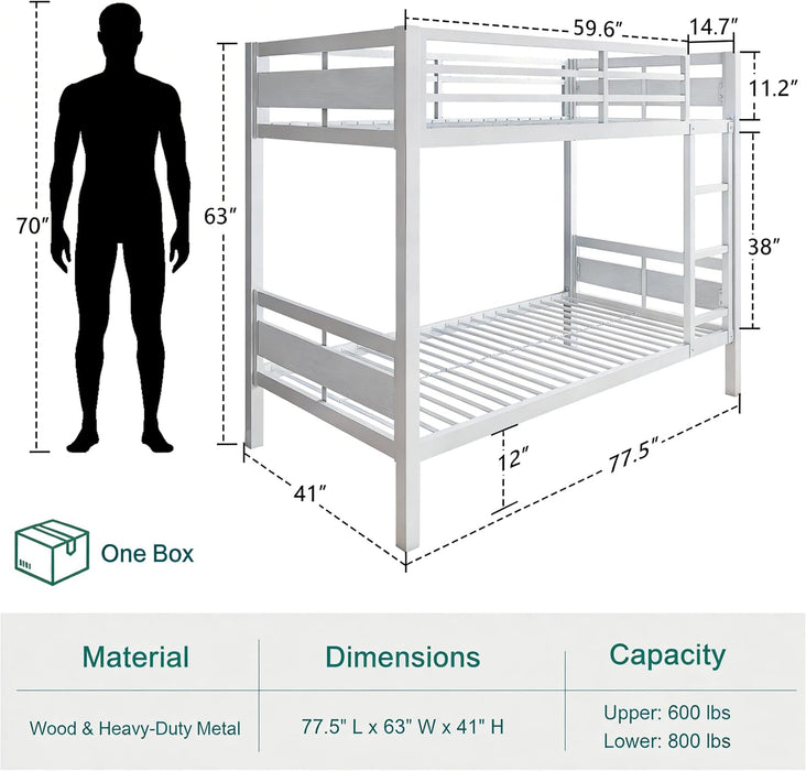 Heavy Duty Metal Bunk Bed TwinOverTwin WhiteUnderbedStorage